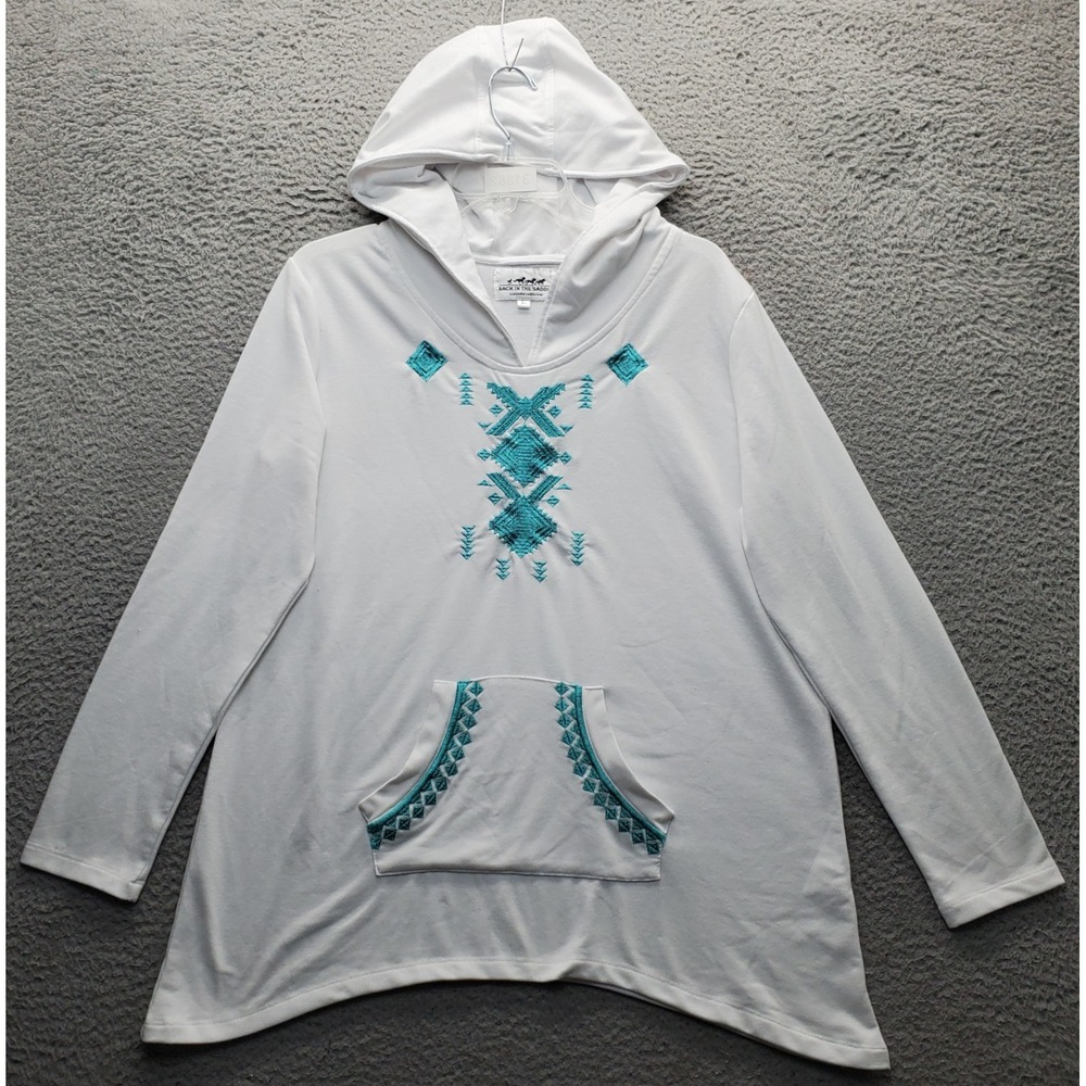 Back in the Saddle Hoodie Womens L White Long Sleeve Stretch Kangaroo Pockets